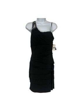 City Triangel Black One-Shoulder Beaded Cocktail Dress With Draped Layered Skirt